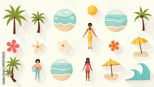 A cheerful illustration of a woman on a beach with palm trees and flowers evokes a sense of relaxation and vacation bliss, ideal for travel or lifesty