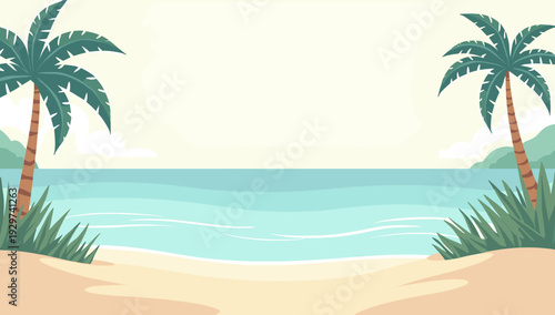 A serene illustration of a tropical beach evokes feelings of relaxation and escape. Ideal for travel blogs, vacation ads, or background imagery.