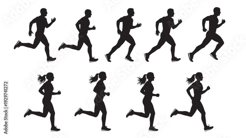Runner silhouettes set with male and female sprinting poses, black sports people icons isolated on white background