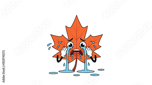 Sad cartoon orange maple leaf character with large blue eyes shedding big tears to represent seasonal change or autumn sorrow.