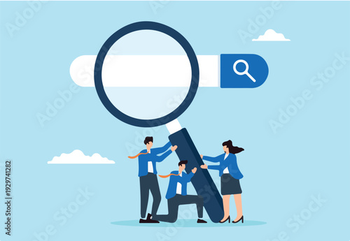 Flat illustration of HR business people hold magnifying glass on search bar discovering job opportunities
