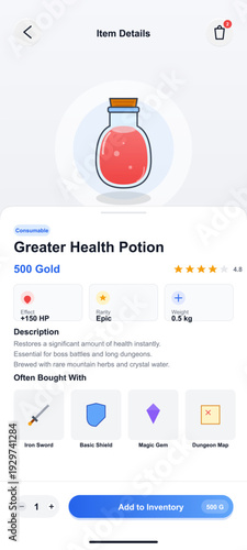 A mobile application interface showing the item details for a red health potion in a fantasy game shop, featuring stats, price, description, and an add to inventory button.