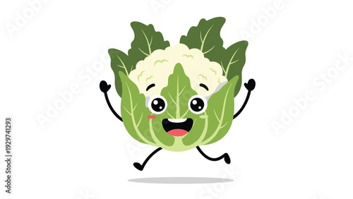 Cheerful cartoon cauliflower character with a joyful smiling face and arms raised in excitement on a clean white background.