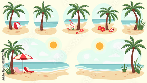 A serene illustration of a beach with a palm tree and sunshade evokes feelings of calm and leisure. Ideal for travel agencies, vacation rentals, or we
