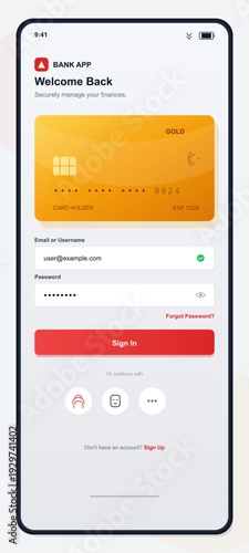 A mobile phone screen displays a banking application login interface featuring a gold credit card graphic, input fields for email and password, and a prominent red sign in button.