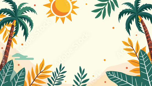 This vibrant, stylized illustration evokes a relaxing tropical atmosphere. Ideal for backgrounds, website design, or conveying themes of vacation and 