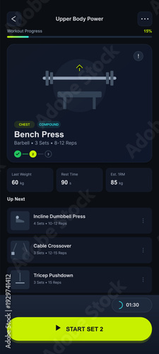 A mobile application interface displays a workout routine for upper body power, featuring a bench press exercise with sets, reps, and a list of upcoming movements on a dark background.
