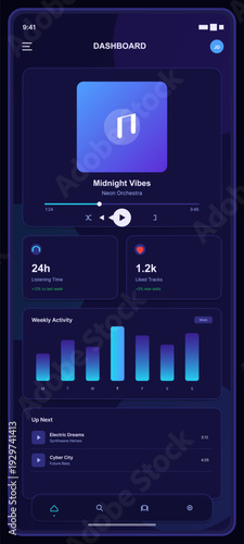 A digital interface displays a music streaming dashboard with a playback controller, user engagement metrics, and a bar graph for weekly activity on a dark background.