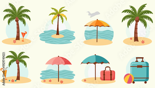 A cheerful illustration of tropical drinks and palm trees evokes a relaxing vacation vibe. Perfect for travel agencies, summer promotions, or content 