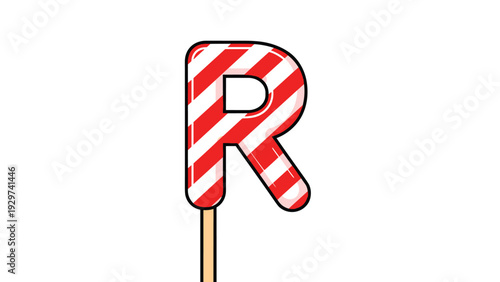 Letter R designed as a festive red and white striped candy cane on a stick creates a sweet holiday alphabet element for creative projects.