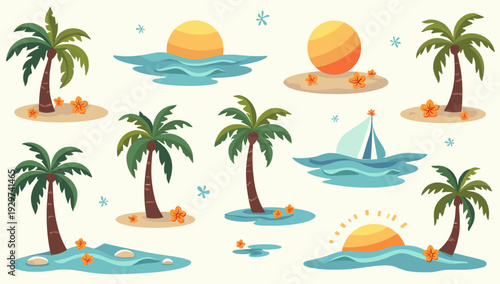 A cheerful, flat-style illustration of a palm tree on a small island. Perfect for evoking a sense of relaxation, summer, or getaway vibes in travel or