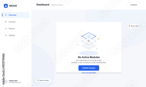 A minimalist digital dashboard user interface displaying a system status overview. The screen shows an empty state with a call to action button to initialize the system.