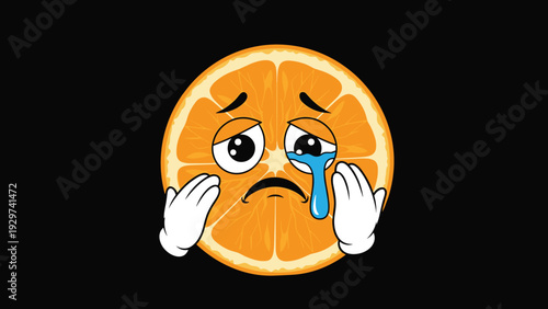 Crying orange slice with big blue tears and white gloves on a black background expresses sadness and grief in this cartoon illustration.