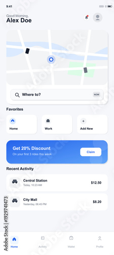 A mobile application interface for a ride-sharing service featuring a map, search bar, favorite locations, promotional discount banner, and recent trip history on a clean white background.
