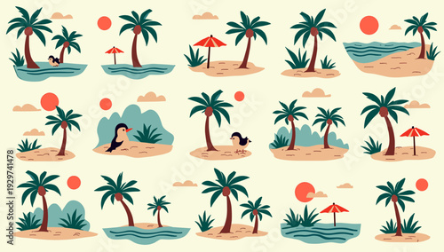 A cheerful and playful tropical scene with palm trees and a sunset vibe. Ideal for summer-themed projects, backgrounds, or designs evoking a relaxed a