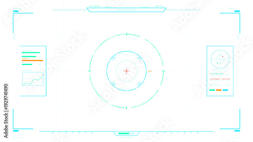 A futuristic digital heads up display interface featuring a central targeting reticle, status bars, and data panels on a clean white background for scifi or technical concepts.