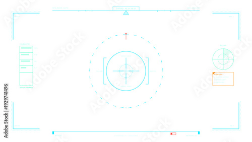A futuristic digital heads-up display interface featuring a central targeting reticle, radar, telemetry data, and alert logs in cyan and red tones on a clean white background.