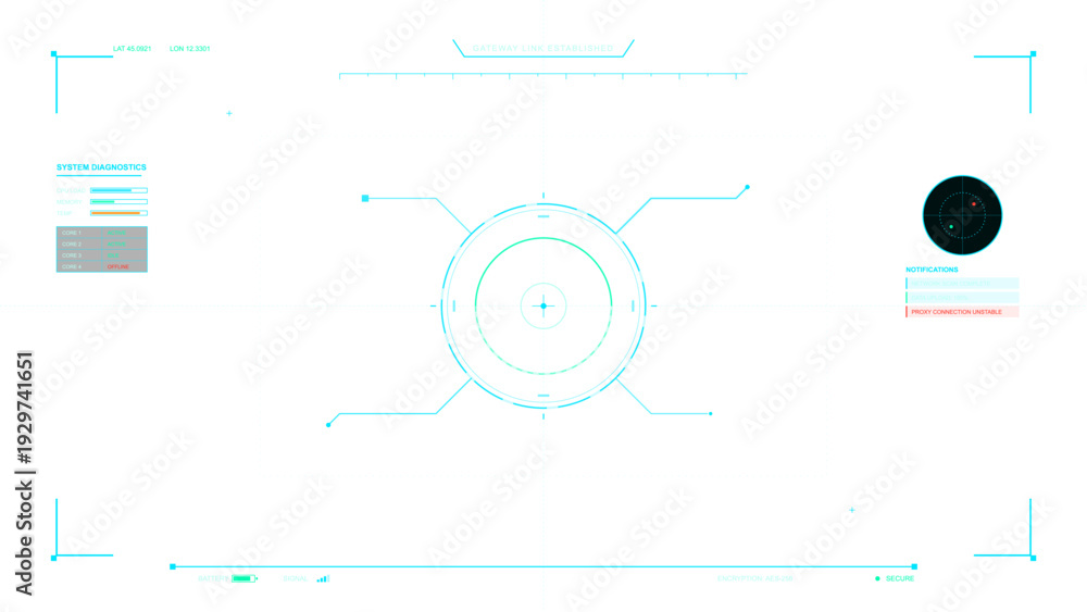 Obraz premium A futuristic digital heads-up display interface featuring a central circular reticle, system diagnostics, and technical data overlays on a clean white background for a sci-fi aesthetic.