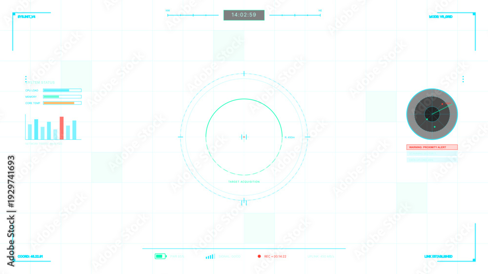 Obraz premium A futuristic digital head-up display interface featuring a central targeting reticle, radar scanner, and system status metrics on a clean white grid background with cyan accents.