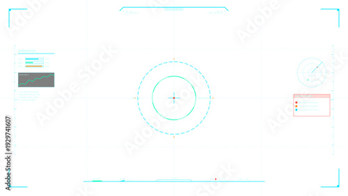 A minimalist sci-fi HUD interface displays technical diagnostics, a central crosshair, and a radar graphic against a bright white backdrop for a high-tech look.