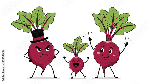 Group of beet characters featuring an angry father in a top hat and a happy mother and child displaying diverse emotions in a fun garden scene.