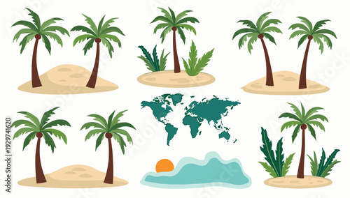 A vibrant, flat-design illustration of a palm tree and sand dunes, evoking feelings of warmth and relaxation. Perfect for travel blogs, summer promoti