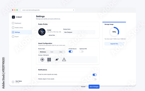 A clean user interface for a software settings page featuring profile management, asset configuration options, notification toggles, and a storage usage progress indicator.