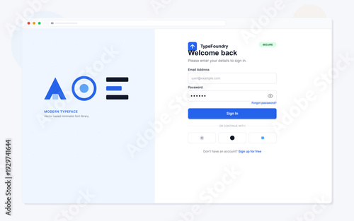 A clean and modern user interface design for a website login page featuring a minimalist logo on the left and a sign-in form with email and password fields on the right side.