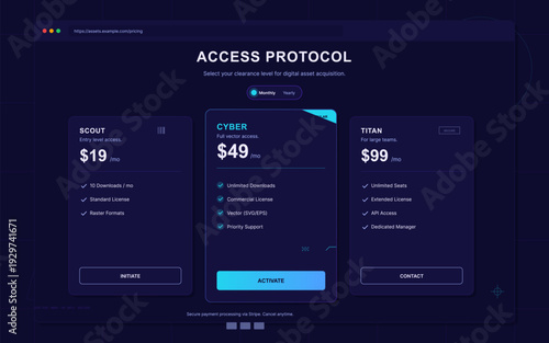 A dark user interface displays three subscription pricing tiers for digital asset acquisition, featuring Scout, Cyber, and Titan plans with various features and monthly costs.