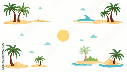 A cheerful cartoon illustration of a palm tree on a small island. Ideal for vacation themes, travel promotions, or to evoke a relaxed, summery mood.