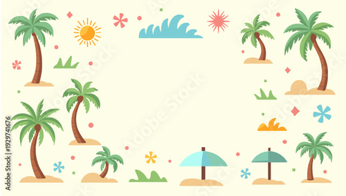 A cheerful and simple illustration of palm trees on a sandy backdrop evokes feelings of relaxation and tranquility, perfect for summer-themed designs 