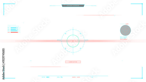 A futuristic digital heads-up display interface featuring a central targeting reticle, system override status, and various technical data readouts on a clean white background.