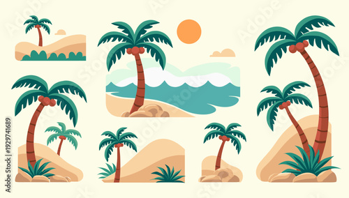 A cheerful illustration of palm trees on a sandy island, evoking a sense of relaxation and escape. Perfect for travel blogs, vacation marketing, or su
