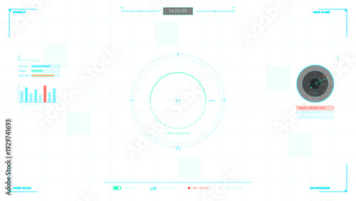 A futuristic digital head-up display interface featuring a central targeting reticle, radar scanner, and system status metrics on a clean white grid background with cyan accents.