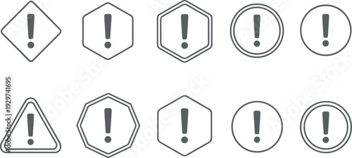 Outline Warning Icon Set with Exclamation Mark Symbols in Geometric Shapes for Alerts Notifications User Interface and Safety Design