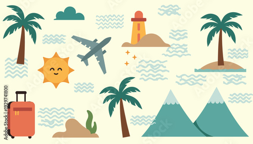 A cheerful illustration depicting travel essentials. Perfect for marketing campaigns promoting holidays, getaways, or the joys of exploration. Evokes 