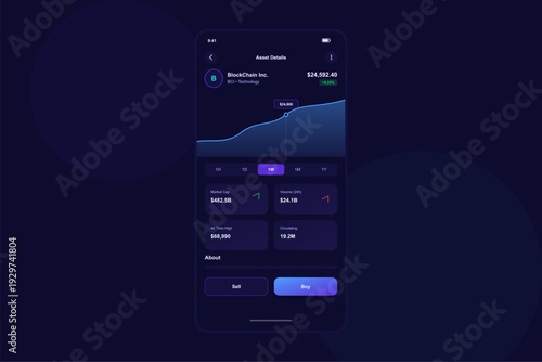 A digital interface shows a cryptocurrency trading app on a smartphone screen featuring a price chart, market capitalization data, and interactive trading buttons.
