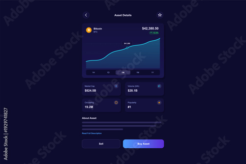 Mobile app screen displaying digital currency market data including a line graph, current price, and trading volume statistics on a dark themed user interface.
