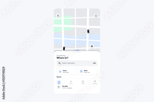 A mobile application interface displays a navigation map with vehicle icons and a search bar for destinations. It includes shortcuts for home and work locations on a clean white background.