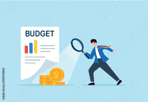 : Flat illustration of businessman revealing hidden coins under budget sheet with magnifier light to uncover financial insights and spending analysis.