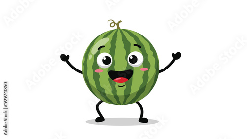 Cheerful whole watermelon character with a big smile and wide-open arms dances happily to celebrate summer and healthy eating in a fun way.