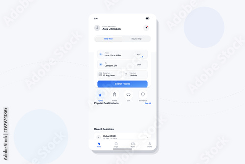 A modern user interface design for a travel app displays flight search options, including departure and arrival cities, traveler count, and a search button on a smartphone screen.