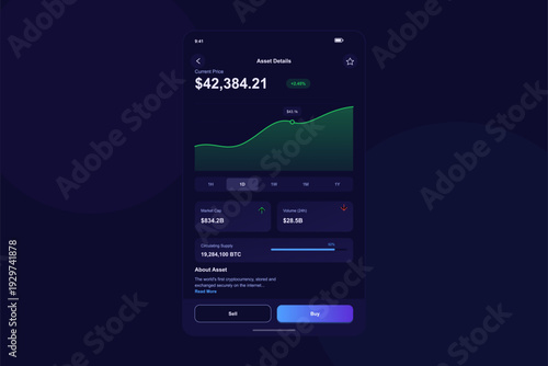 A mobile application interface displays cryptocurrency asset details including a price chart, current value, market capitalization, and trading volume on a dark background.