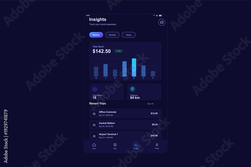 A dark mode mobile application interface for tracking travel expenses, featuring a weekly spending bar chart, total ride statistics, and a list of recent trip history with costs.