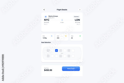 A clean mobile application interface showing flight details from New York to London, including seat selection, departure time, gate information, and a booking button for travel.
