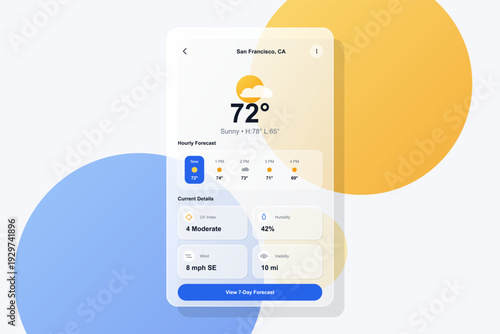 A clean mobile weather app interface displaying a sunny forecast for San Francisco at 72 degrees, featuring hourly updates, humidity, wind speed, and a glassmorphism aesthetic.