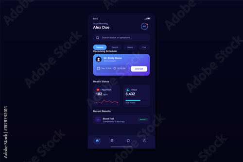A modern mobile application interface for healthcare management featuring a dark mode design with sections for doctor schedules, health status tracking, and medical test results.