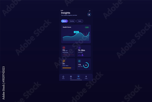 A mobile application interface displays health insights with a dark theme. It features a health score graph, heart rate data, sleep tracking, medication doses, and daily water intake goals.