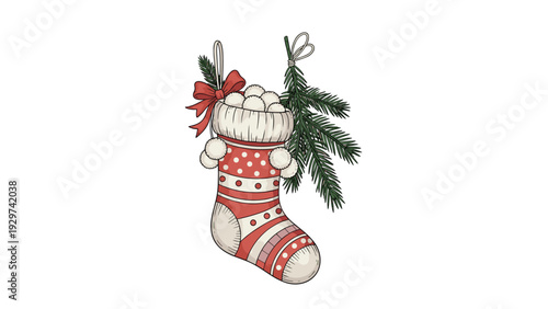 Hand-drawn Christmas stocking with red and white patterns and fluffy white pom-poms hanging next to a green pine branch with a red ribbon.
