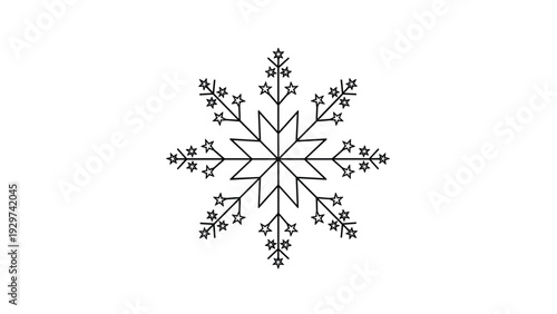 Stylized black snowflake icon composed of thin lines and small star-shaped elements provides a unique and decorative winter graphic for any design.